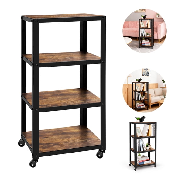 HOSTK 4-Tier Industrial Rolling Storage Shelf, 90cm Rustic Brown & Black Metal Wood Bookcase, Multi-Functional Display & Storage Rack for Home Office
