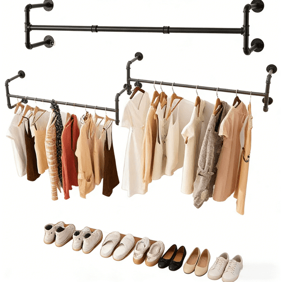 HOSTK40 Inch Black Industrial Pipe Wall Mounted Clothing Rack, Heavy Duty Multi-Purpose Garment Hanging Rod with 4 Bases for Closet Laundry Room, Space-Saving