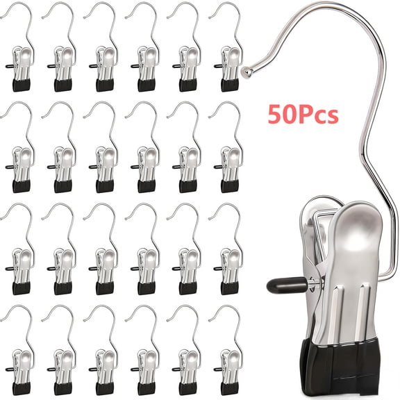 HOSTK50 Pack Heavy Duty Hanger Clips, Multi-Purpose Stainless Steel Laundry Hooks, Non-Slip Clips for Clothes, Hats, Socks & Towels, Space-Saving Closet Organization & Drying Clips