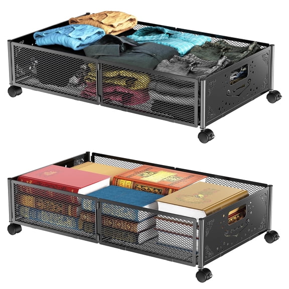 HOSTKBlack Foldable Under Bed Storage Drawers with Wheels - 2 Pack, Heavy-Duty Underbed Organizers for Shoes, Clothes, Blankets