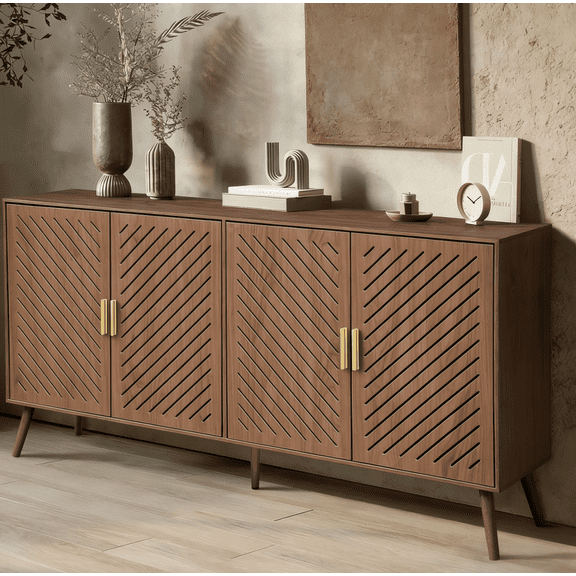 HOSTK Brown 4-Door Wood Storage Cabinet, Kitchen Buffet Sideboard for Kitchen/Living/Dining Room