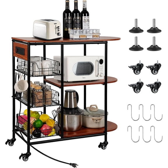 HOSTKBueDeHai Mobile Kitchen Storage Cart on Wheels, 3 Pull-Out Baskets Bakers Rack with Power Outlet, Coffee Bar Microwave Stand for Snacks Fruits