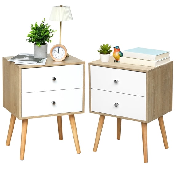 HOSTK Set of 2 Nightstands with 2 Drawers - Modern 2-Tier Bedside Tables, Large Capacity Wood Storage Cabinets with Natural Legs, Eco-Friendly End Tables for Bedroom & Living Room, White & Natural