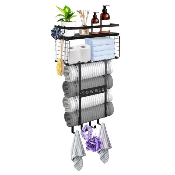 HOSTKWall Mounted Metal Bathroom Towel Rack with Hooks, Storage Basket & Floating Shelf - Small Bathroom Decor & Storage Solution