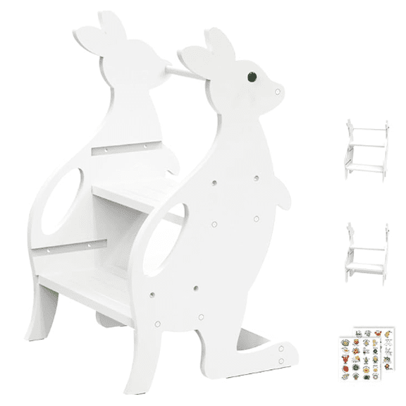 HOSTKWhite Adjustable Height Toddler 2 Step Stool - Wooden Learning Standing Ladder Tower with Handrails, Kid Helper Stool for Kitchen Counter, Bathroom Sink & Toilet Potty Training