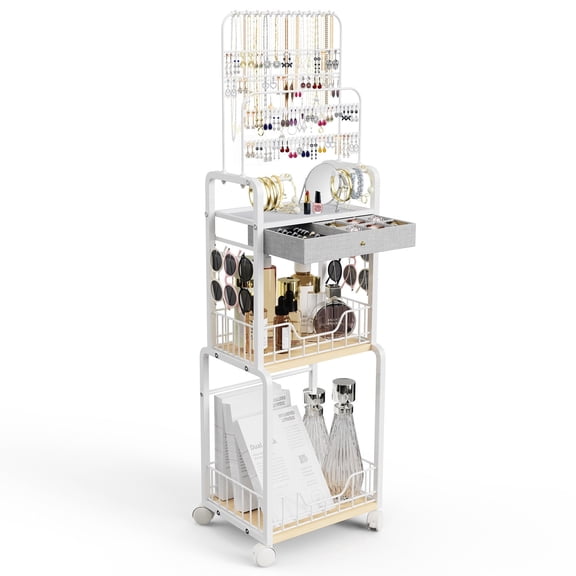 HOSTKWhite Jewelry Organizer Cabinet with Lock & Wheels Large Capacity Storage Armoire Stand for Necklaces, Earrings, Cosmetics & More