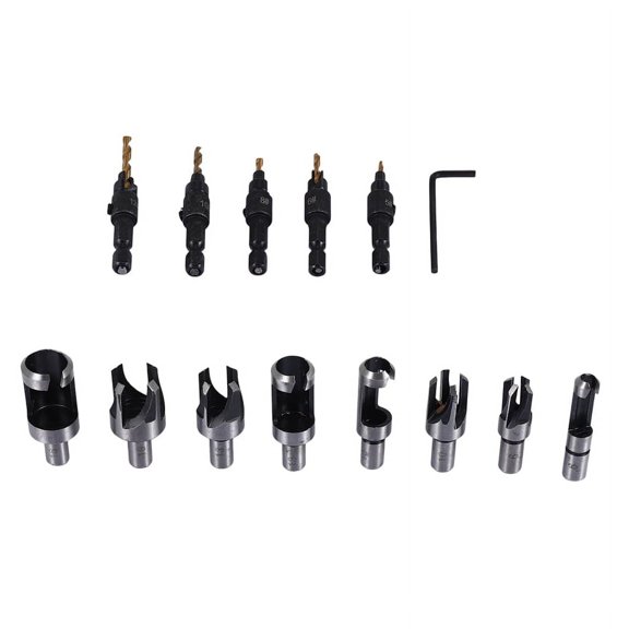 14 Pcs Wood Plug Hole Cutter Chamfered Plug Cutter Drill Bits Five-Slot Countersink Drill 1/4 Inch Hex Spanner Tool Set