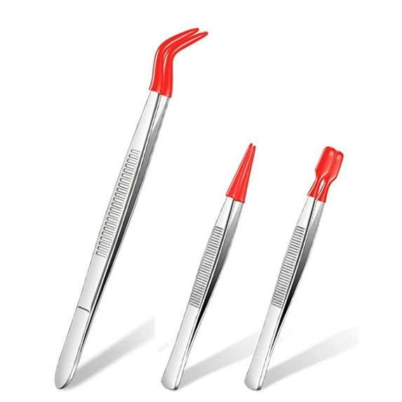 HOT 3 Pieces Tweezers with Rubber Tips PVC Coated Set, Straight and Flat Tip Red