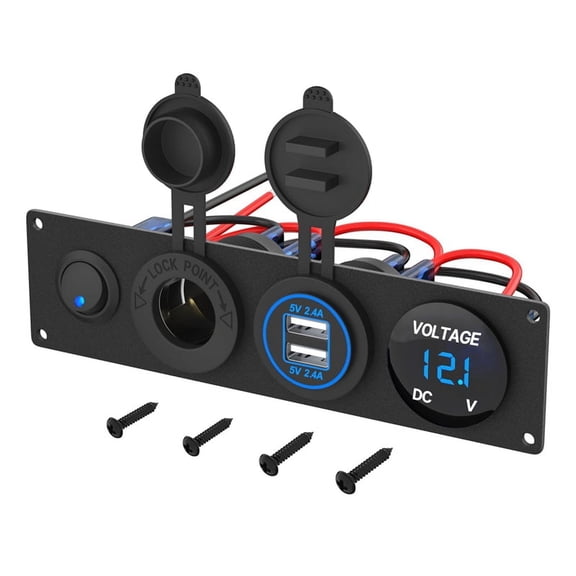 4 in 1 12V USB Panel+LED Voltmete &Dual USB Charger Socket Power& Lighter Socket & Toogle Switch Panel Blue