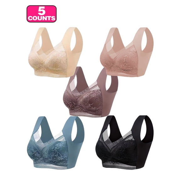 【HOT】5-Pack Women's Plain Contrast Lace Bra Soft Breathable Push Up Bra for Summer Wear, Lady Minimalist Basic Lingerie Top pushbra Suits Womenswear Seamless Wireless Elegant Casual