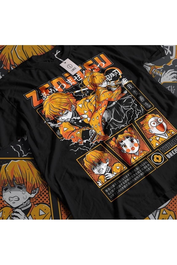 HOT ANIME ZENITSU DEMON KIMETSU YAIBA HIPHOP BLACK T SHIRT GIFT FOR FRIENDS