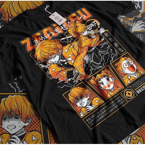 HOT ANIME ZENITSU DEMON KIMETSU YAIBA HIPHOP BLACK T SHIRT GIFT FOR FRIENDS