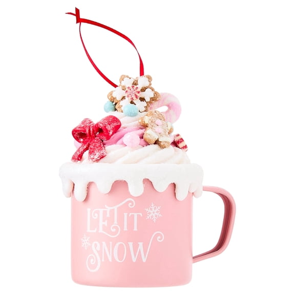 Pink and White Clay Dough Hot Cocoa Mug Christmas Ornament, 4.3", by Holiday Time
