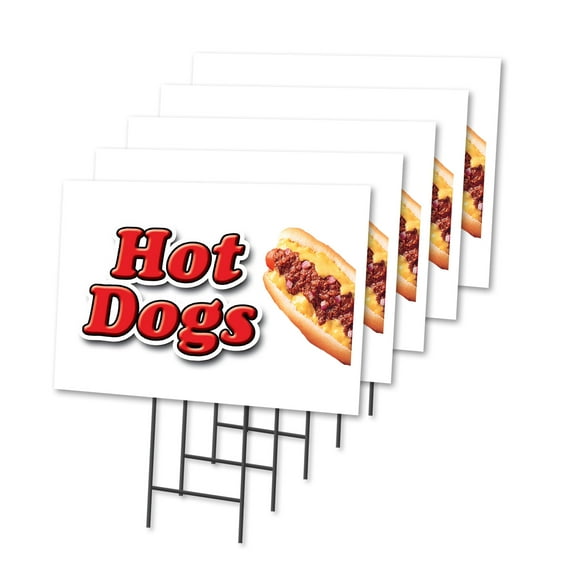 HOT DOGS 5 Pack Of 18" x 24" Yard Sign & Stake hot dog cart | Advertise Your Business | Stake Included Image On Front Only | Made in The USA