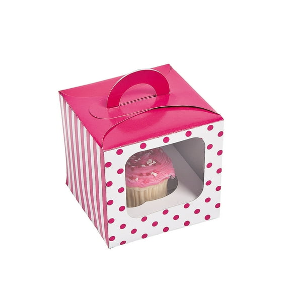 HOT PINK POLKA DOT CUPCAKE BOX W/HANDLE - Party Supplies - 12 Pieces