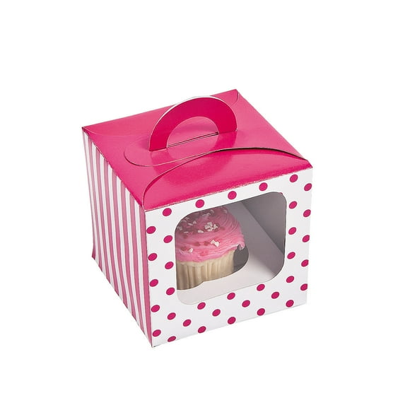 HOT PINK POLKA DOT CUPCAKE BOX W/HANDLE - Party Supplies - 12 Pieces