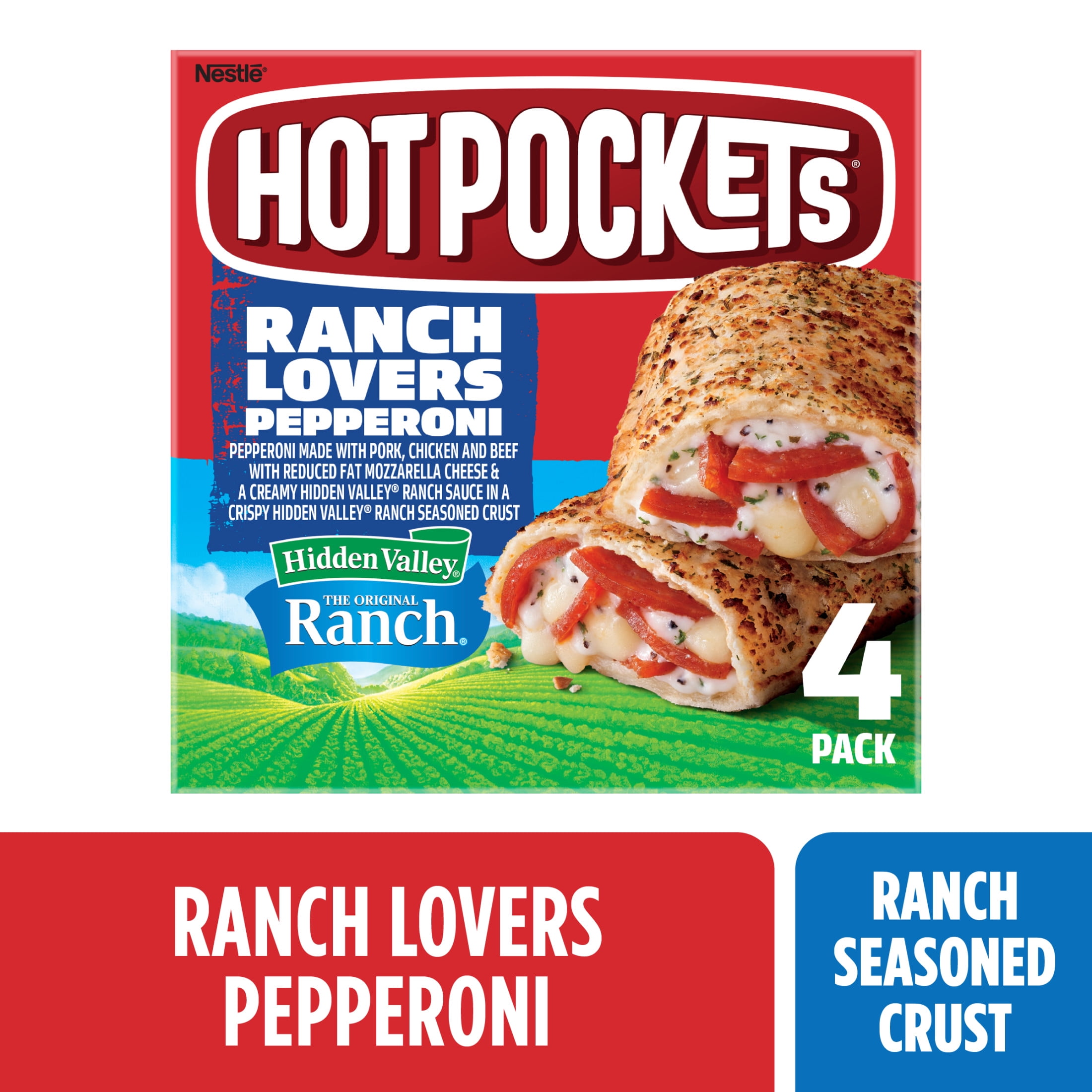 Hot Pockets Frozen Snacks, Ranch Lovers Pepperoni, Hidden Valley Ranch Seasoned Crust Sandwich, 17 oz, 4 pack (Frozen)