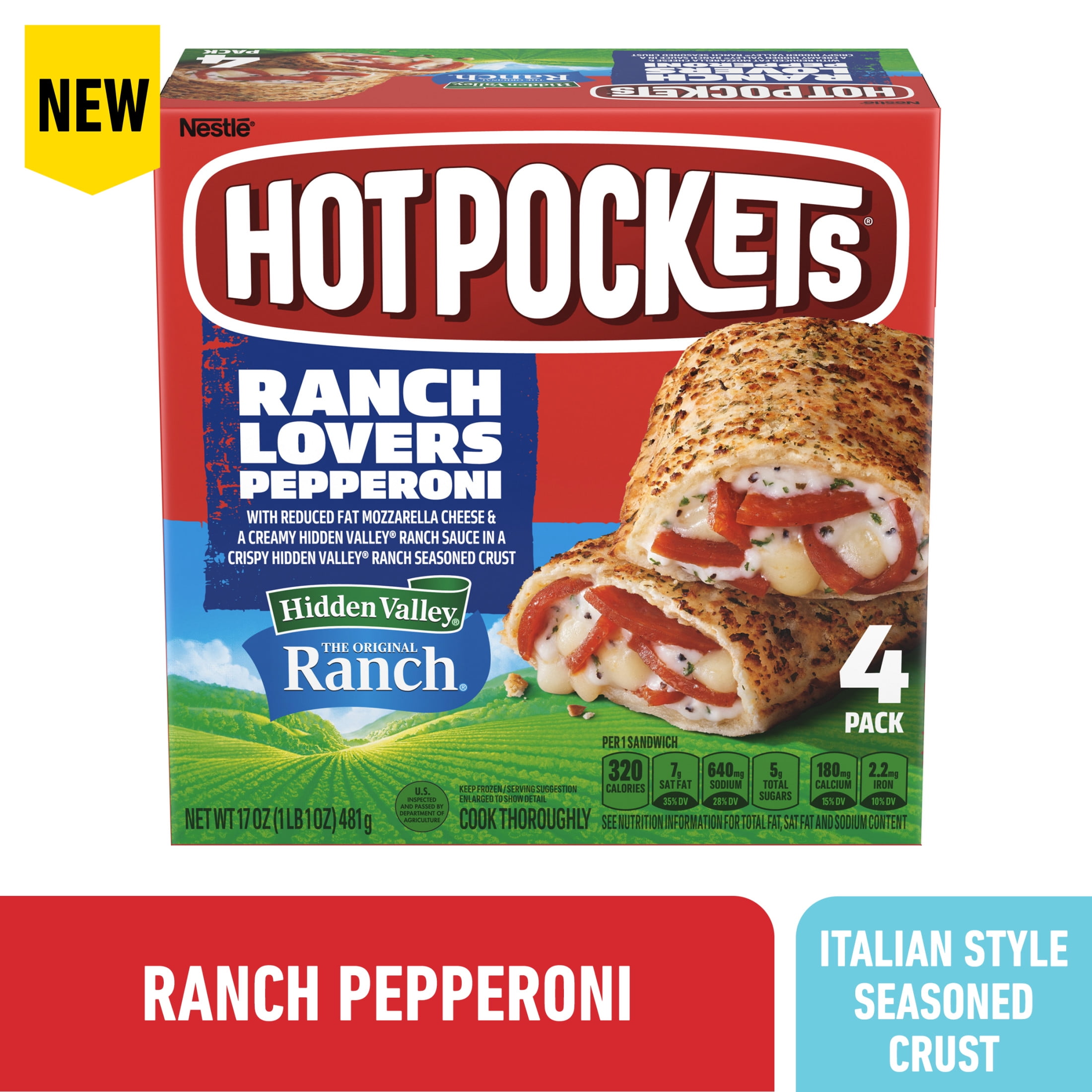Hot Pockets Ranch Lovers Pepperoni Lovers, Hidden Valley Ranch, Sandwich Snacks, 17 oz, 4 Pack (Frozen)