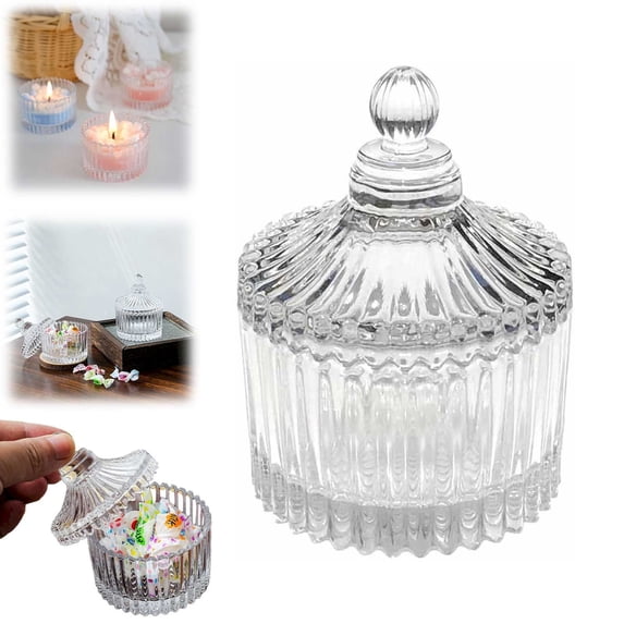 HOT SALE!! 1 Pcs Glass Candy Dish with Lid, Decorative Candy Jar Transparent Candy Bowl Cookie Storage Container for Home Office Desk Decor