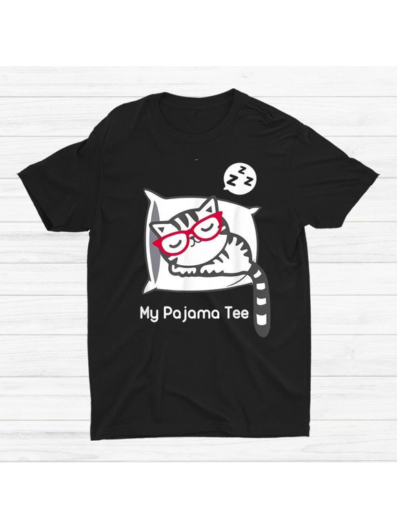 HOT SALE!! Cat Pajama Cute Sleeping Kitty With Glasses Pj T T-shirt Size S-5XL