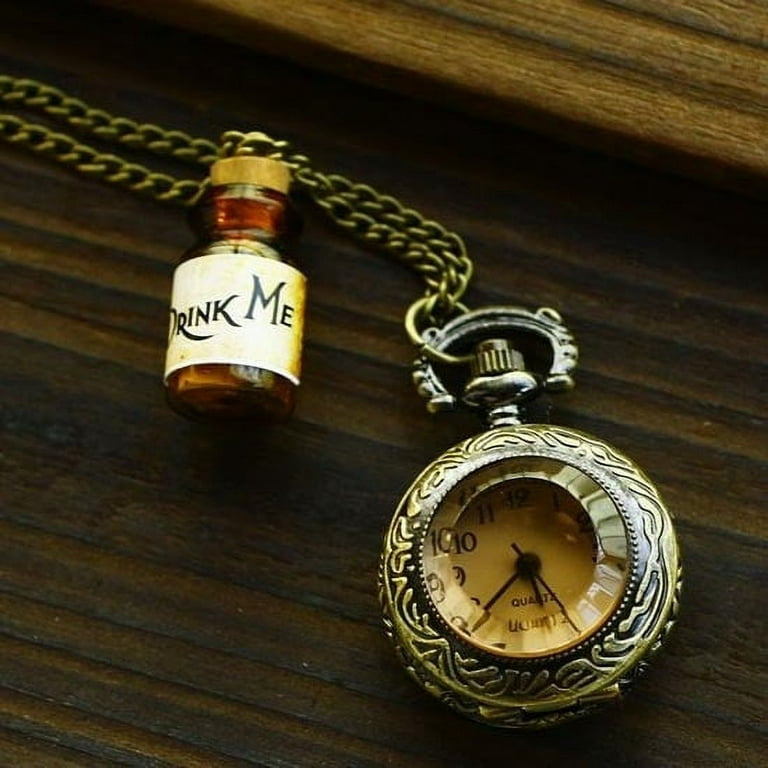 Alice In Wonderland Drink Me Antique Bronze Pocket Watch Necklace