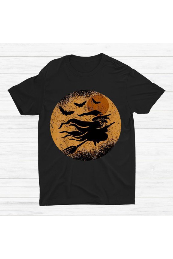 HOT SALE!! Witch Riding Broom In Front Of Moon Halloween T-shirt Size S-5XL
