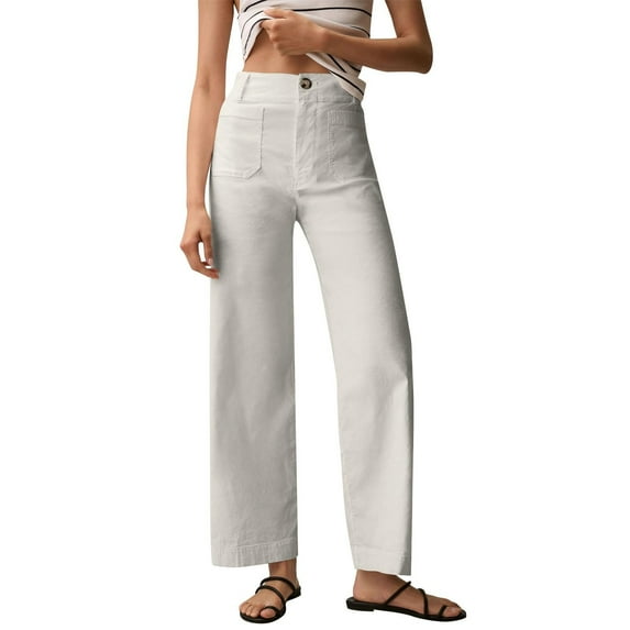 HOT SALE!Women Stretch Twill Cropped Pants Wide Leg Jeans with Patch Pocket Straight Leg Chino Pants Casual Ankle Jeans Women Fashion Solid Color Elastic Long Pants Leisure Trousers White S