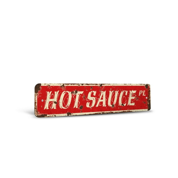HOT SAUCE Vintage Style Rustic Street Sign – Collector Wings Peppers Spice Spicy Retro Decorative Wall Sign for Home, Bar, Garage, or Outdoor Use | 6" X 24" Plastic Road Sign