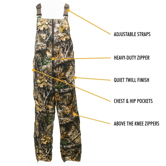 HOT SHOT Mens Insulated Realtree Camo Bib, Adjustable Height, Leg Zippers, Designed for All Day Comfort