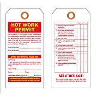 HOT WORK PERMIT Tags, 6-1/4" x 3", White Vinyl - Box of 100