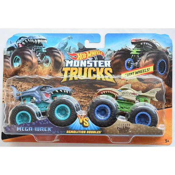 HOT Wheels Monster JAM 1:64 Scale Demolition Doubles MEGA WREX VS Leopard Shark Series 2 Giant Wheels