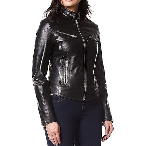 HOT! Women's Genuine Black Lambskin Leather Jacket Slim Fit Biker jacket Coat W562