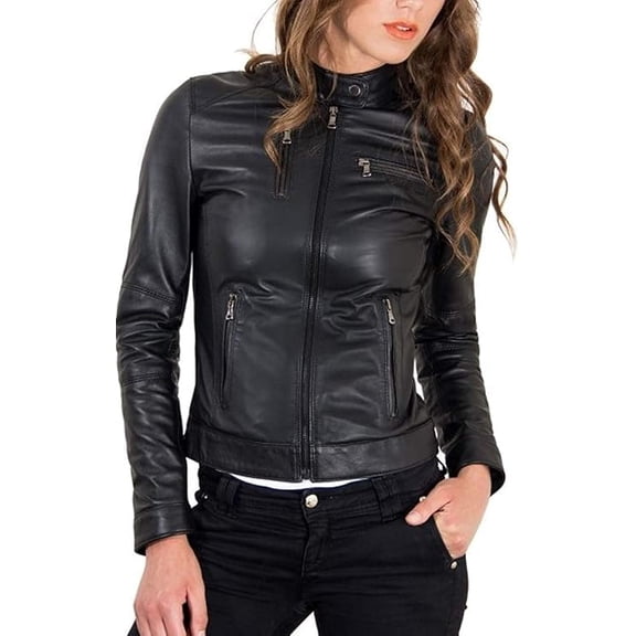 HOT Women's Genuine Black Lambskin Real Leather Jacket Stylish Biker Coat W500