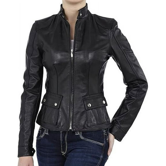 HOT Women's Genuine Black Lambskin Real Leather Jacket Stylish Biker Coat W605