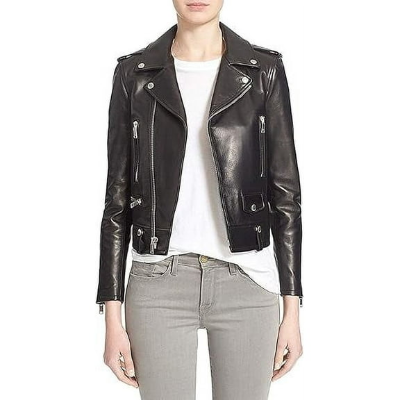 HOT Women's Genuine Black Lambskin Real Leather Jacket Stylish Collared Biker Coat W529