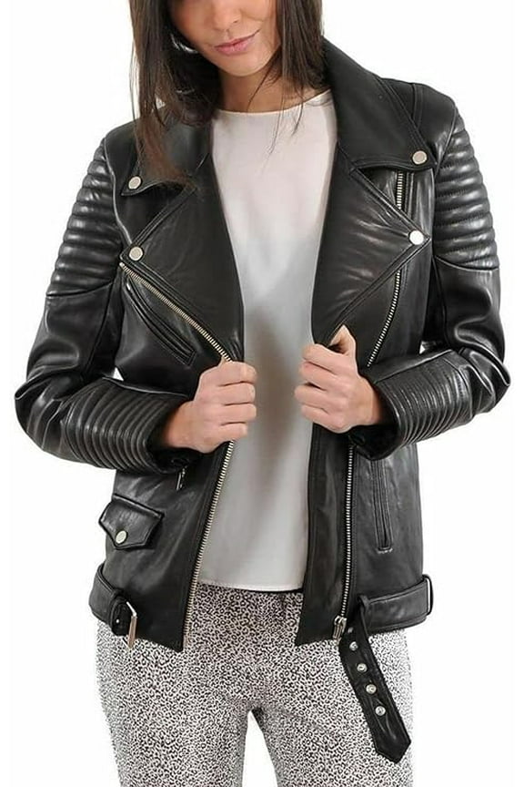 HOT! Women's Genuine Black Quilted Lambskin Leather Jacket Slim Fit Biker jacket Coat W449