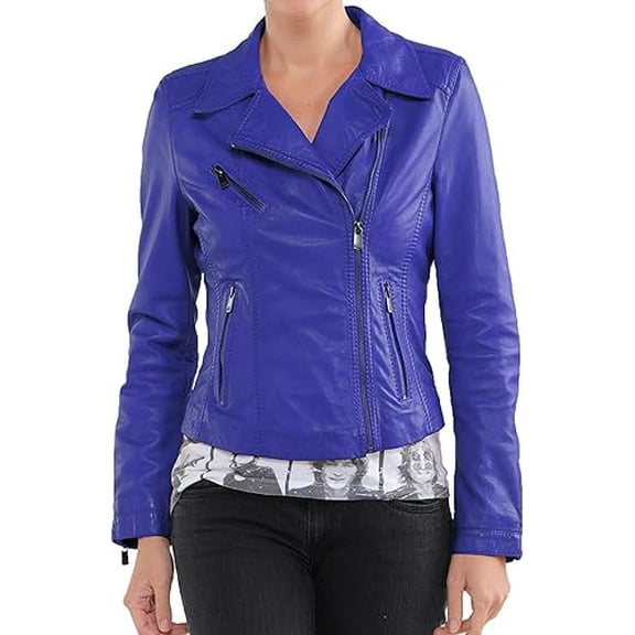HOT Women's Genuine Blue Lambskin Real Leather Jacket Stylish Collared Biker Coat W542