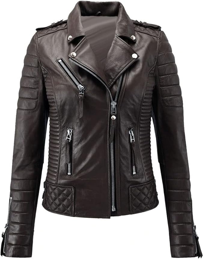 Fjackets Women's Real Lambskin Leather Jacket - Asymmetrical Peplum Belted Style Biker Jacket