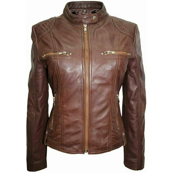 HOT Women's Genuine Brown Lambskin Real Leather Jacket Stylish Biker Coat W480