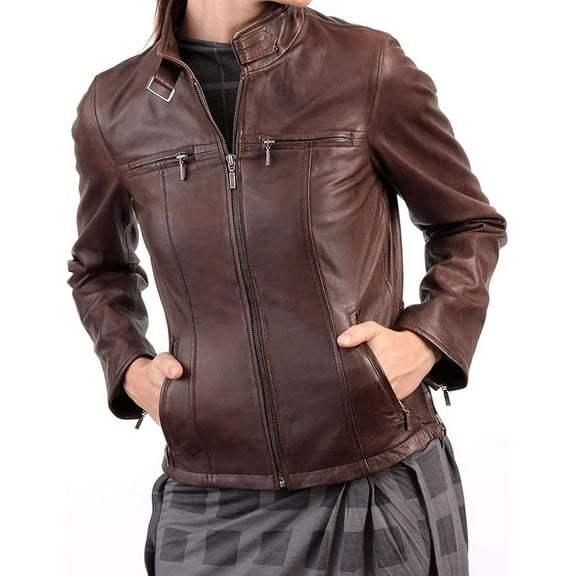 HOT Women's Genuine Brown Lambskin Real Leather Jacket Stylish Biker Coat W635