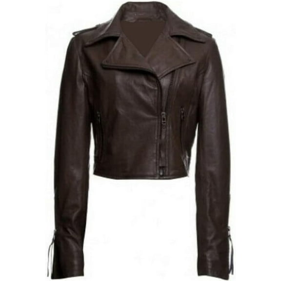 HOT Women's Genuine Brown Lambskin Real Leather Jacket Stylish Collared Biker Coat W351