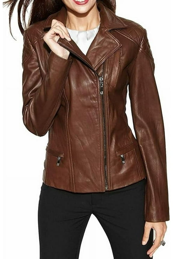 HOT Women's Genuine Brown Lambskin Real Leather Jacket Stylish Collared Biker Coat W416