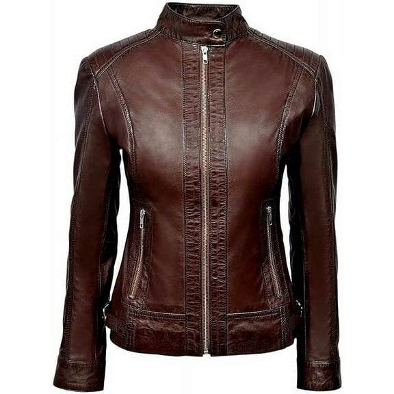 HOT Women's Genuine Lambskin Real Brown Leather Jacket Stylish Biker Coat W320