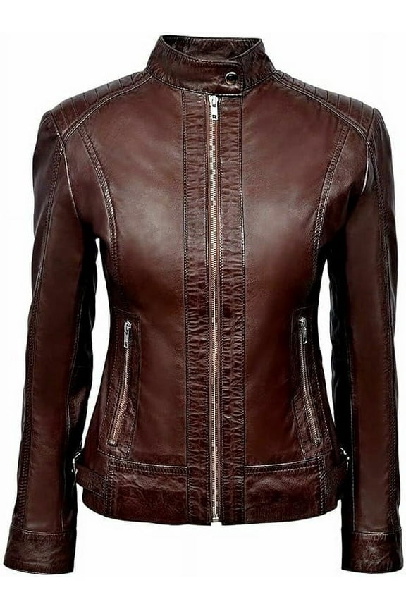 HOT Women's Genuine Lambskin Real Brown Leather Jacket Stylish Biker Coat W320