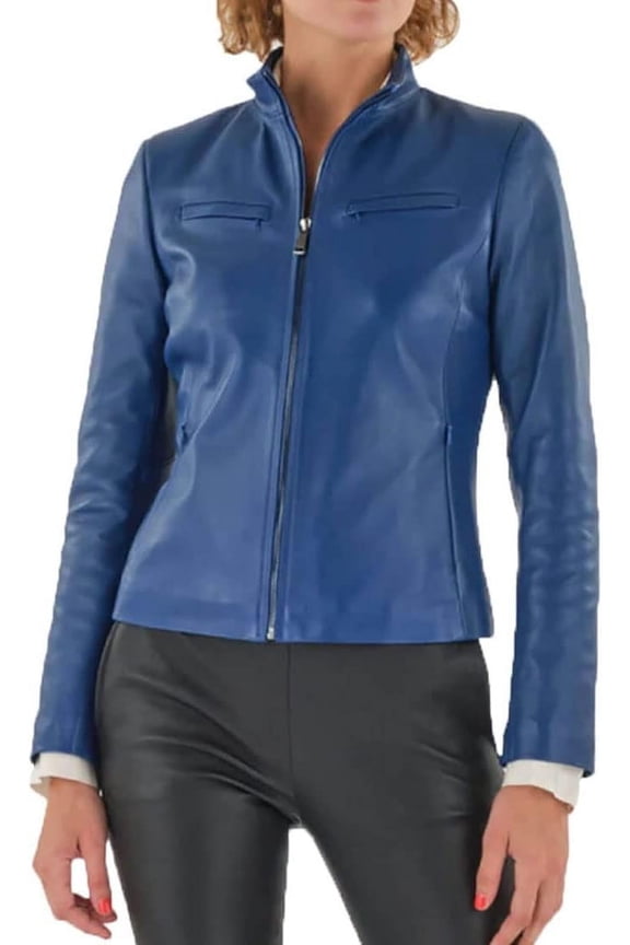 HOT Women's Genuine Lambskin Real Leather Blue Jacket Stylish Biker Coat W168
