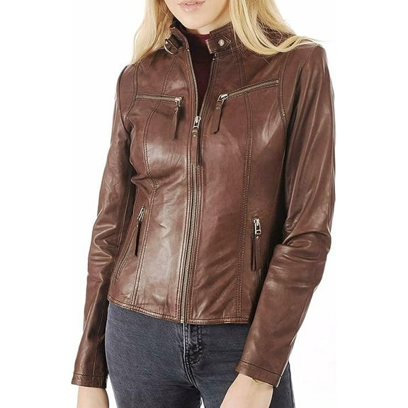 HOT Women's Genuine Lambskin Real Leather Jacket Brown Stylish Biker Coat W439