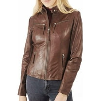 HOT Women's Genuine Lambskin Real Leather Jacket Brown Stylish Biker Coat W439