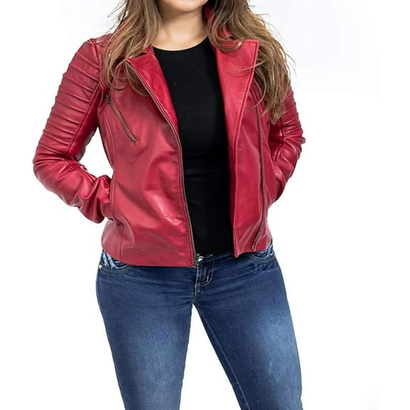 HOT Women's Genuine Lambskin Real Leather Jacket Red Stylish Biker Coat W239
