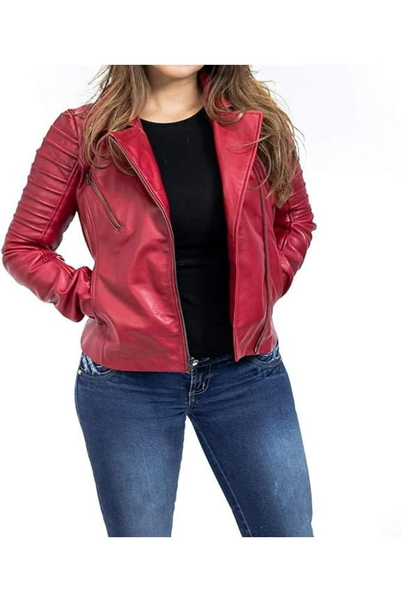 HOT Women's Genuine Lambskin Real Leather Jacket Red Stylish Biker Coat W239