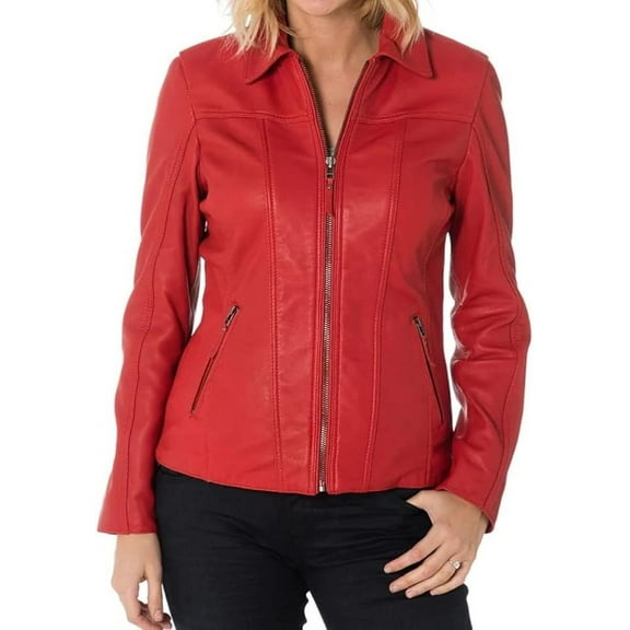 HOT Women's Genuine Lambskin Real Leather Jacket Red Stylish Collared Biker Coat W152